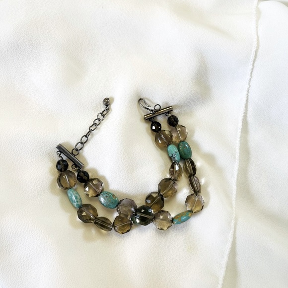 Turquoise Smokey Quartz Stone Bead Adjustable Bracelet - Picture 2 of 5